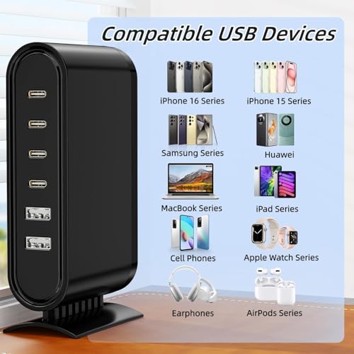 High-Power 80 W 6-Port USB Charging Hub – Rapid Multi-Device Power Station for i Phone 16/15/14 Pro/Mini, i Pad Pro & Samsung – Compact, High-Efficiency Charger for Families & Shared Spaces