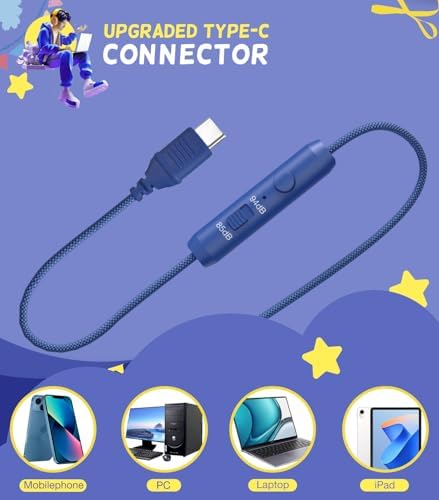 Kid-Friendly USB Type C Headphones with LED Lights – Safe Volume Limiter (85 d B/94 d B) for School Use, Foldable On-Ear Design for Comfort and Portability, Integrated Microphone for Learning and Gaming Fun – Perfect for i Pad and More