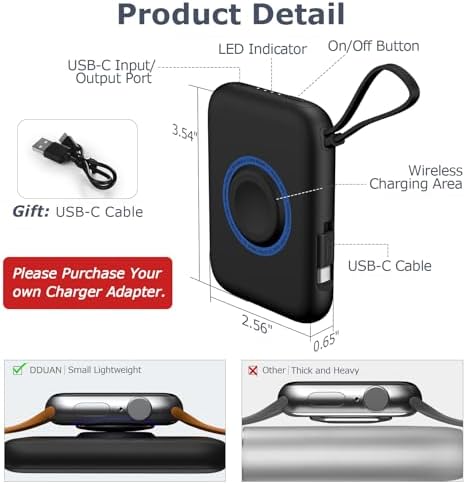 Ultimate 3-in-1 Wireless Watch Charger Power Bank: 5000 m Ah Portable Travel Charger with Dual USB-C Cables – Rapid Charging for Apple Watch Series 1-9 & i Phone 15/Samsung – Lightweight Design with Advanced Safety Features for Hassle-Free On-the-Go Charging