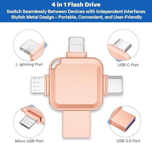 Revolutionize Your Data Storage with the LANSLSY 128 GB 4-in-1 Flash Drive – Effortless Compatibility for i Phone, i Pad, Android, PC, and Mac – No App Required for Instant Access! Enjoy Enhanced Transfer Speeds and 4 Versatile Ports: Lightning, USB Type-A, USB Type-C, and Micro USB. Perfect for Storing Photos, Videos, and Documents with Ease – Ideal for Students, Professionals, and Photographers on the Go! Compact and Stylish Pink Design Makes It a Must-Have Accessory for Your Tech Gear. Say Goodbye to Data Management Hassles and Keep Your Files Securely Accessible Anytime, Anywhere!