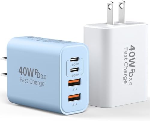 40 W USB C Charger Block – Dual Pack of 4-Port Fast Charging Power Bricks with PD & QC 3.0 Technology for i Phone 16/15/14/13/12/11 Pro Max, i Pad, Galaxy, Pixel – Sleek White & Blue Design for Convenient Multi-Device Charging