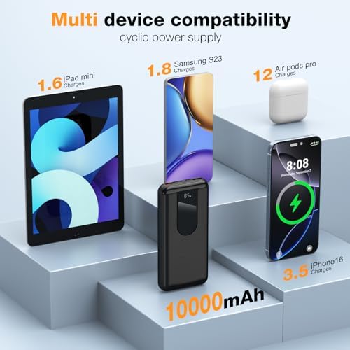Ultra-Slim 10,000 m Ah Portable Power Bank with Built-In Cable and LED Display – 22.5 W Fast Charging Multi-Device Charger for i Phone, Samsung, Android & i Pad – Essential Travel Battery Pack in Sleek Black Finish