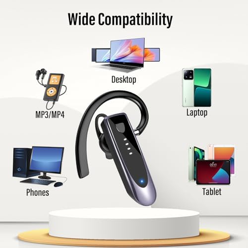 Atheewon Bluetooth Earpiece: Premium Wireless Headset with Advanced Noise-Cancellation | 20-Hour Talk Time & 180-Hour Standby for Ultimate Convenience | Perfectly Ergonomic Design in Modern Silver and White | Bluetooth 5.4 Technology for Reliable Connectivity | Ideal for Business Professionals, Truckers, and Drivers Seeking Crystal-Clear Communication