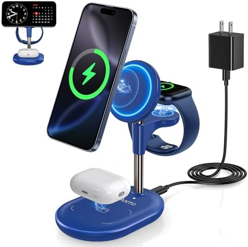 All-in-One Wireless Charging Station for Apple Devices – 15 W Fast Qi-Certified Mag-Safe Charger for i Phone 16, 15, 14, 13, 12, Apple Watch & Air Pods – Adjustable Viewing Angle, Ideal Gift for Women – Enhance Your Charging Efficiency and Style