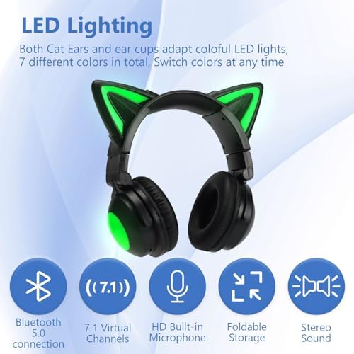 Cat Ear Bluetooth Headphones – Lightweight Over-Ear Gaming Headset with RGB Lighting for Kids & Adults, Unmatched Comfort for Gaming, Music & Calls, Seamless Wireless Connectivity with i Phone, i Pad, Laptop & PC, High-Quality Sound for Immersive Listening Experiences