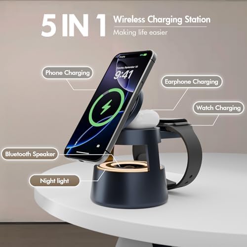 5-in-1 Mag Safe Wireless Charging Station with Bluetooth Speaker & Night Light – Fast Charging Hub for i Phone 16/15/14/13/12 Pro Max, Apple Watch Ultra, and Air Pods – Portable Travel-Friendly Design with Adjustable Warm Light and Enhanced Safety Features