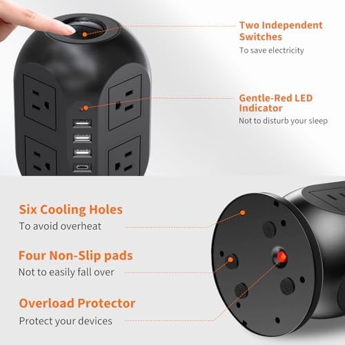 Compact Surge Protector Power Strip Tower with 8 AC Outlets & 4 Fast-Charging USB Ports (1 USB-C) – Aioy 10 FT Flat Plug Extension Cord for Organized Home & Office Use, Black – Ultimate Device Charging Solution for Efficiency and Safety