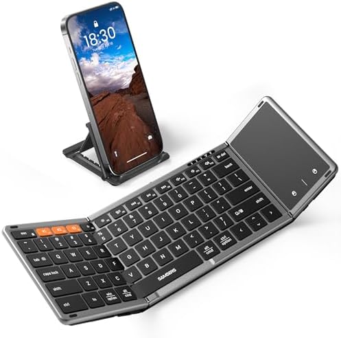 Samsers Portable Foldable Bluetooth Keyboard with Touchpad – Multi-Device Wireless Travel Companion for i OS, Android, Windows & Mac OS – Effortless Workflow with Bluetooth 5.1 and Long Battery Life – Perfect for On-the-Go Professionals