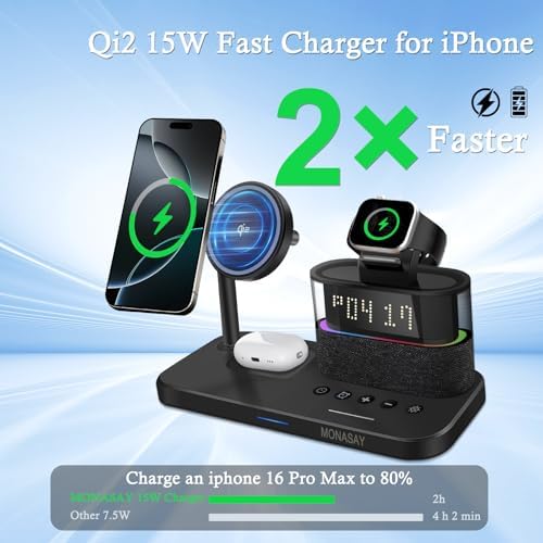 MONASAY Qi2 5-in-1 Wireless Charging Hub with Alarm Clock – 23 W Fast Charger for i Phone 16/15/14/13/12, Air Pods, and Apple Watch – Magnetic Stand for Optimal Device Alignment – Sleek Black Design for Home and Office Use – Ultimate Convenience and Speed in One Charging Solution