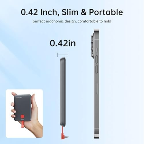 Ultra-Slim Magnetic Power Bank 5000 m Ah – PD 20 W Fast Charging Portable Charger with Built-in USB-C Cable for i Phone 15/16 & Samsung Android – Compact Travel Battery Pack for Effortless Power On-the-Go