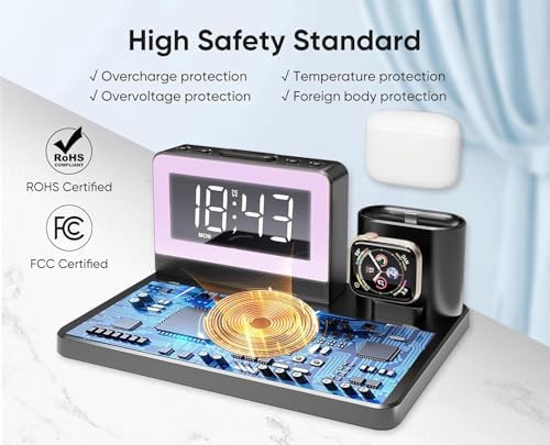 Revolutionize Your Charging Routine with the 7-in-1 Wireless Fast Charging Station – All-in-One Alarm Clock Dock for i Phone, Samsung Galaxy, Apple Watch & Air Pods – Enhanced Speed, Sleek Design, and Safety Features for Ultimate Convenience