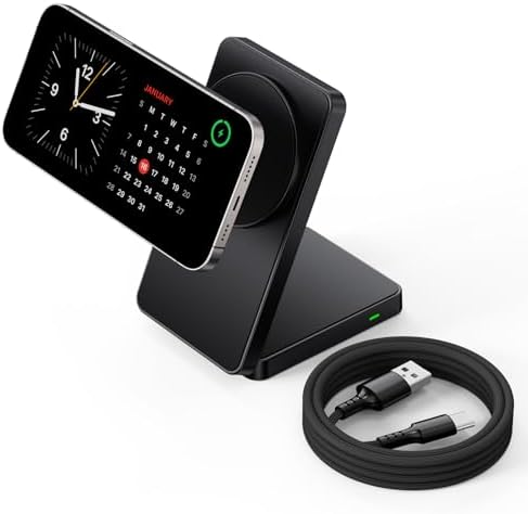 Mag Safe Foldable Wireless Charger Stand for i Phone 12-16 Series – 15 W Fast Charging with Adjustable Viewing Angles, Space-Saving Design, and Enhanced Magnetic Stability – Black – Ultimate Charging Solution for Home and Office Use