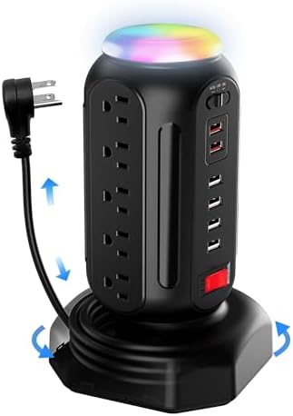 Maximize Your Power Potential with the 15-Outlet Surge Protector Tower Featuring 6 Fast-Charging USB Ports and LED Night Light – Retractable Heavy-Duty Extension Cord with Right Flat Plug for Effortless Accessibility and Enhanced Device Compatibility – Ideal Charging Station for Home and Office Use