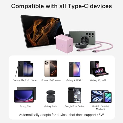 Power Up in Style: 45 W Type C Charger 2-Pack with 10 FT Cables – Fast Charging for i Phone 15/16, i Pad Pro, Galaxy S21-S25 – Sleek Pink Design for Enhanced Compatibility and Portability – Ideal Android Charger for Busy Lifestyles