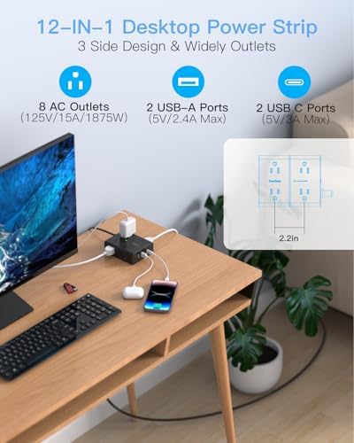 Versatile Surge Protector Power Strip with 8 AC Outlets & 4 USB Ports (2 USB-C), 6 Ft Flat Plug Extension Cord, 1080 Joules Safety Rating, Wall Mountable Charging Station for Home, Office, and Dorm – Streamlined Device Management & Fast Charging Enhanced