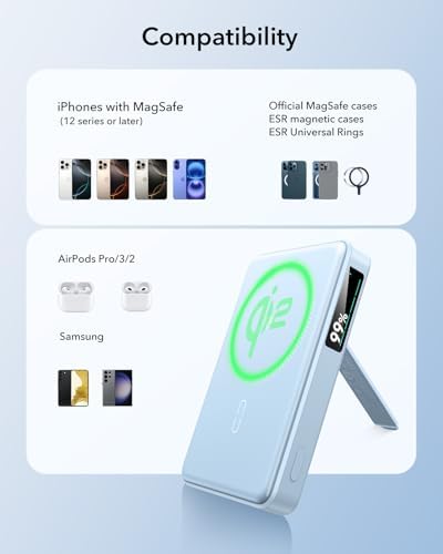 ESR Mag Safe 10,000 m Ah Portable Charger with Kickstand – Qi2 Certified 15 W Fast Charging Power Bank for i Phone 16/15/14/13/12 – Sleek Black Design with LED Display & 27 W USB-C Output for Effortless Charging On-the-Go