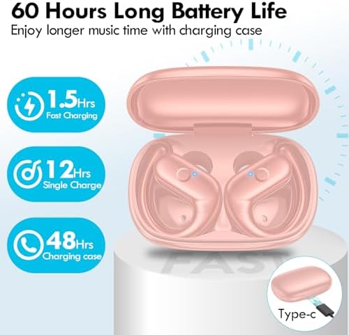 Kurdene Wireless Sport Earbuds – Ultra-Comfortable Bluetooth Headphones with 60 Hours Playtime, Immersive Deep Bass Sound, and Secure Over-Ear Fit for Active Use – Perfect for Running, Workouts, and Business Calls – Lightweight, Sweat-Resistant Design in Sleek Black Finish