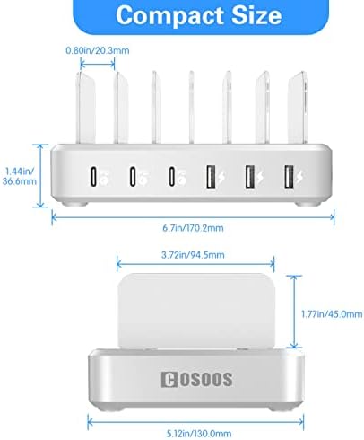 COSOOS 81 W PD USB-C Charging Station – High-Power Multi-Device Fast Charger with 3 x 20 W Ports and 6 Versatile Cables for Instant Mobile Power – Compact USB Hub for Effortless Charging at Home or Office with Enhanced Overheat Protection and Smart Safety Features