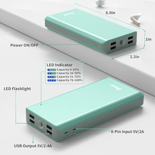 BONAI 30000 m Ah Portable Power Bank – High-Capacity External Charger with Dual USB Outputs, Built-in Flashlight & 8-Pin Cables for Fast Charging on the Go – Ideal for i Phone, Android, and i Pad Users – Reliable Power Solution for Travel and Daily Use in Green