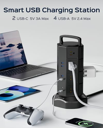 JACKYLED Power Strip Tower Surge Protector with 12 Outlets and 6 USB Ports (2 USB-C) – High-Speed Charging Station with 1050 Joules Protection, 1625 Watts, 6.5 ft Extension Cord for Enhanced Home Office Efficiency and Device Safety