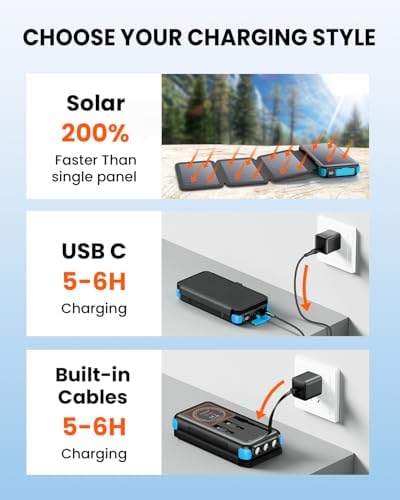Ultimate SOARAISE 25000 m Ah Solar Power Bank: Fast Wireless Charging with Built-in Cables, Dual USB Outputs, 4 Solar Panels & Triple LED Flashlights for Outdoor Adventures – Reliable Portable Charger for Camping & Emergencies