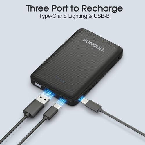 Ultra-Slim 5000 m Ah Portable Power Bank with Built-In Charging Cable – Compact and Lightweight USB-C Compatible External Battery for i Phones and Air Pods – High-Speed 5 V 2.1 A Charging for On-the-Go Convenience and Reliability