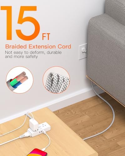 BESHON 10 ft Flat Plug Extension Cord with 4 Wide Outlets & 3 USB Ports (2 USB-C) – Versatile Power Strip for Home, Office & Dorm – Space-Saving Design with Surge Protection & Fast Charging Capabilities