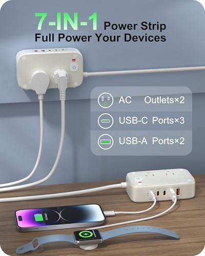 Ultimate 7-in-1 Power Strip with 65 W Ga N Technology | Flat Plug Design for Space-Saving | 3 USB-C & 2 USB-A Ports for Rapid Charging | 2500 W AC Outlet for Home, Office, College & Travel | Versatile Surge Protector for All Devices