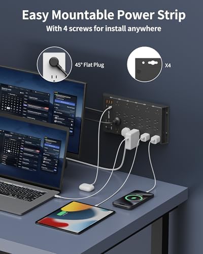 Ultra-Safe Surge Protector Power Strip with 22 Outlets, 6 USB Ports (3 USB-C) and 6.5 FT Flat Plug Cord – 2100 J Protection for Home, Office & Gaming – Wall Mountable, Enhanced Power Management Solution in Sleek Black