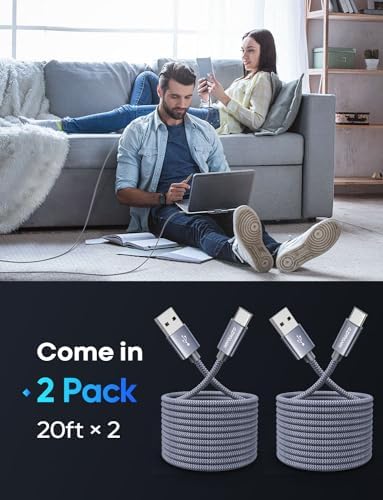 Elevate Your Charging Game with Our 20 Ft USB C Cable – Fast Charging & Data Sync for i Phone 15 Pro Max, Samsung Galaxy & More – Sturdy Double Braided Nylon Design for Ultimate Durability – Perfect for Home, Office, and Travel Needs