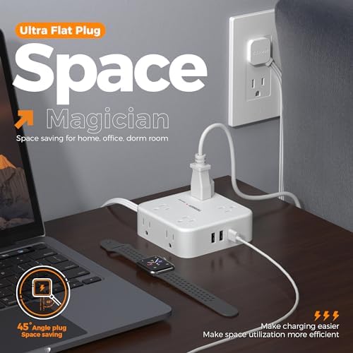 TESSAN Power Strip Tower Surge Protector: 8 AC Outlets & 3 USB Ports (1 USB-C) with 900 Joules Protection, 5 FT Flat Plug Extension Cord – Ultimate Desk Charging Station for Home Office and Dorm Room Efficiency