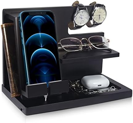 Gifts for Men Wood Phone Docking Station,Nightstand Organizer Desk Accessories,Key Holder Watch Organizer,Gift for Dad Birthday,Mens Gift in Anniversary Christmas Easter Halloween,Black – Enhanced Compatibility and Speed