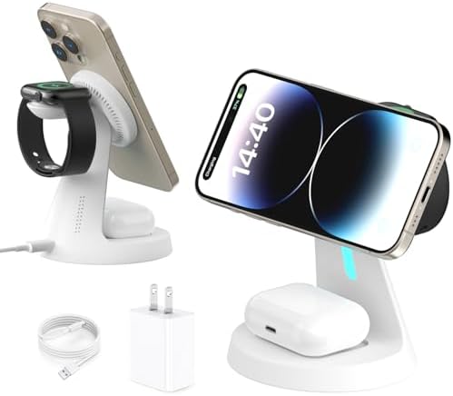 3-in-1 Mag Safe Wireless Charging Station: Fast 15 W Charger for i Phone 16/15/14/13/12, Apple Watch, and Air Pods – Compact Design for Clutter-Free Workspaces with Enhanced Magnetic Alignment and Safe Charging Technology