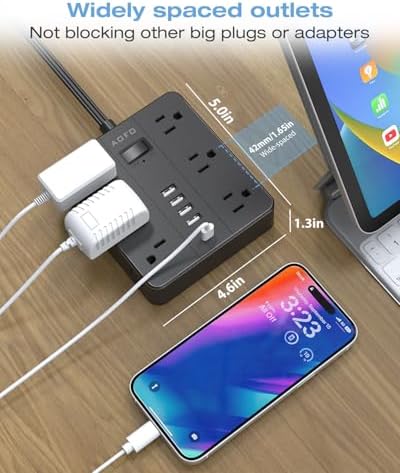 Maximize Your Charging Potential with AOFO 5 Ft Flat Plug Power Strip: 12 Outlet Surge Protector & 6 USB Ports (4 USB-A, 2 USB-C) for Home, Office, and Dorm Use – Reliable, Safe, and Space-Saving Design for All Your Devices