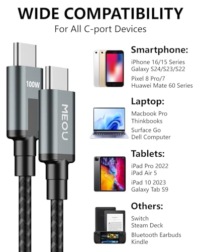 6 ft USB C Fast Charging Cable with Magnetic Attachment & Adhesive Metal Plate – 100 W Braided Type C Cord for Galaxy S24/S23/S22 Ultra, i Phone 16/15, i Pad, Dell XPS – Grey – Ultimate Speed and Versatility for Modern Devices