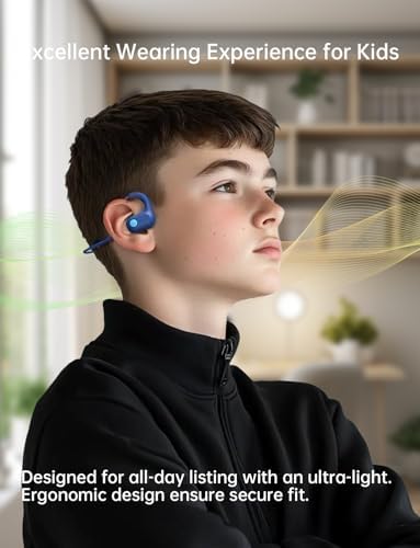 Ultra-Lightweight Kids Bluetooth Headphones – Vibrant Blue Air Conduction Design with IPX5 Waterproofing, 15-Hour Playtime, and Safe Listening Technology for School and Outdoor Fun – Perfect for Active Kids and Young Adventurers