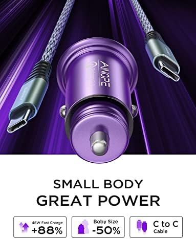 Compact AINOPE 67.5 W USB-C Car Charger – Fast Charging Dual Port QC3.0 Adapter for i Phone 16 & Samsung Galaxy – Mini Cigarette Lighter Accessory in Stylish Purple for Efficient On-the-Go Power Solutions