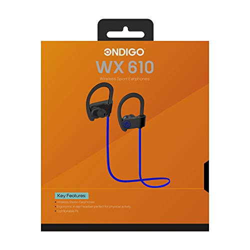 Ondigo WX610 Bluetooth Sport Earbuds – Waterproof, Noise-Cancelling Wireless Headphones with Ergonomic Fit for Active Lifestyles – Hands-Free Microphone & Sweatproof Design in Sleek Blue/Black Finish for Ultimate Comfort and Convenience