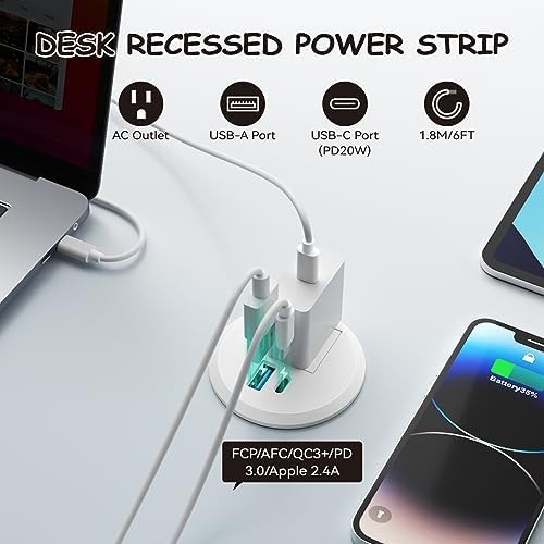 XBA 2-Inch Recessed Desktop Power Grommet with PD 20 W USB-C and 18 W USB-A Ports – Streamlined Hidden Power Outlet with 6 FT Extension Cord for Efficient Charging in Home Offices and Conference Rooms – Elevate Your Workspace Organization and Productivity