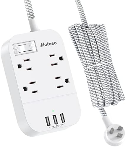 Versatile 10 Ft Braided Power Strip with Flat Plug – 4 Outlets & 3 USB Charging Ports for Effortless Device Management, Overload Protection, and Space-Saving Wall Mount Design for Home and Office Use