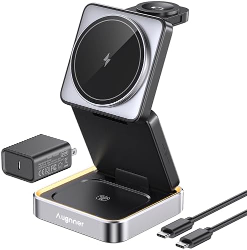 Ultimate 3-in-1 Foldable Wireless Charging Station with Night Light – 2025 Enhanced Apple Mag Safe Compatible Charger for Fast 15 W Charging, Perfect for Travel and Home Use – Stylish & Functional Design for i Phone, Air Pods, and Apple Watch