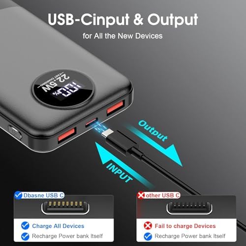 Advanced 10,000 m Ah Portable Charger with 22.5 W Fast Charging – USB-C Power Bank for i Phone 16/15/14/13/12 & Samsung S22/S21 – PD 3.0 & QC 4.0 Compatible with LED Battery Display – Lightweight Multi-Device Power Bank for Travel & Daily Use