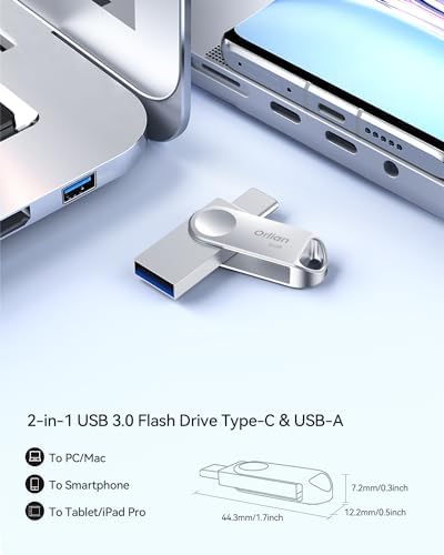 128 GB Dual USB Type C + A OTG Flash Drive – Waterproof Metal Swivel Design for Fast Data Transfer – Ideal Thumb Drive for PC, Laptop, Tablet, i Phone 15 & Android Devices – Portable Storage Solution for On-the-Go Professionals and Students