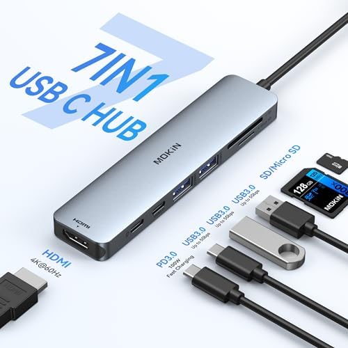 Transform Your Mac Book Pro/Air into a Powerhouse: MOKi N 7-in-1 USB C Hub HDMI Adapter with 4 K Support, Dual Card Readers, and Rapid 5 Gbps Data Transfer – Ideal for Dell XPS and Lenovo Think Pad Users!