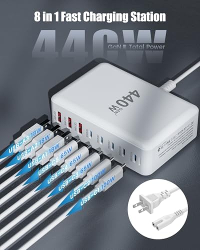 Powerful 440 W Ga N III USB-C Charging Hub with 8 Ports – Fast Multi-Device Charger for Mac Book Pro, i Phone 16/15, Samsung Galaxy & Dell – Versatile Charging Station with 5 ft Extension Cord for Ultimate Convenience and Efficiency