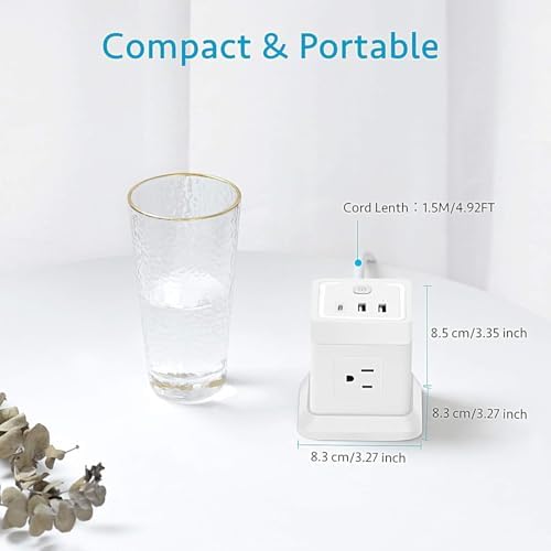 BEVA 10 ft Travel Power Strip with USB – Compact Cube Charging Station Featuring 4 Spacious Outlets and 3 Fast USB Ports for Home, Office, and Dorm Use – Overload Protection for Safe, Efficient Power Management