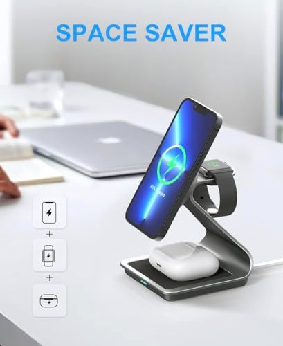 Ultimate 3-in-1 Mag Safe Wireless Charging Station – Premium Aluminum Alloy Charger for i Phone 14/13/12, Apple Watch & Air Pods Pro/3/2 – Fast Charging & Sleek Design with USB-C Cable Included – Ideal for Home, Office, or Travel