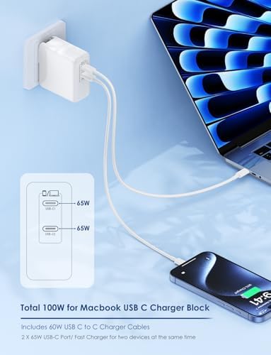 High-Efficiency Essri 100 W USB-C Charger Duo Pack – Dual 65 W Fast Charging Ports for Mac Book Pro, Air, i Pad Pro & i Phone 15/16 – Includes 6 FT & 10 FT USB-C Cables for Maximum Connectivity and Travel Convenience