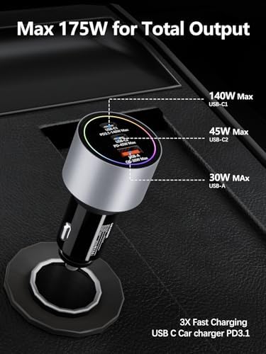 175 W Ultra-Fast Car Charger Adapter – Multi-Device Super Charging Hub for i Phone 16/15/14 Max, Samsung Galaxy S24/23/22, i Pad, Mac Book Pro/Air, and USB-C Laptops – Advanced PD3.1, 140 W Power Delivery, and Intelligent PPS Technology for Rapid Charging on the Go