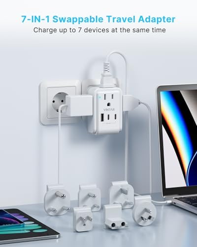 VINTAR All-in-One Global Travel Adapter: Ultimate Universal Power Converter with 4 AC Outlets & 3 High-Speed USB Ports (2 USB-C) – Enhanced Worldwide Compatibility for Europe, UK, Australia, Japan, and Africa – Must-Have Travel Accessory with Interchangeable Plug Attachments for Effortless Device Charging